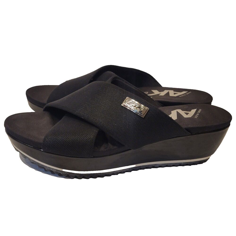 Anne Klein Sport Black Platform Wedge Slide Sandals Crisscross Comfort Womens 6